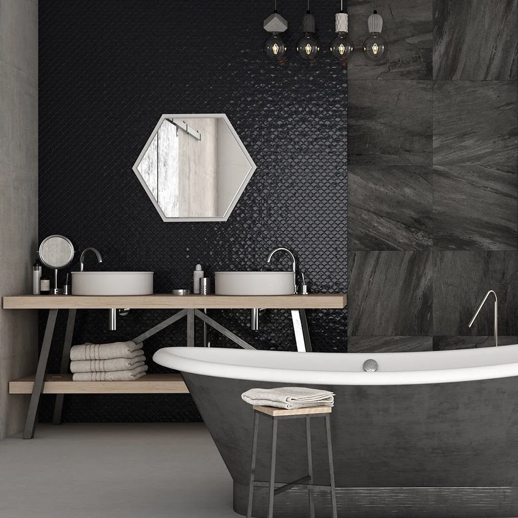 Brushed Black, Fish Scale Mosaic - Glass Tile