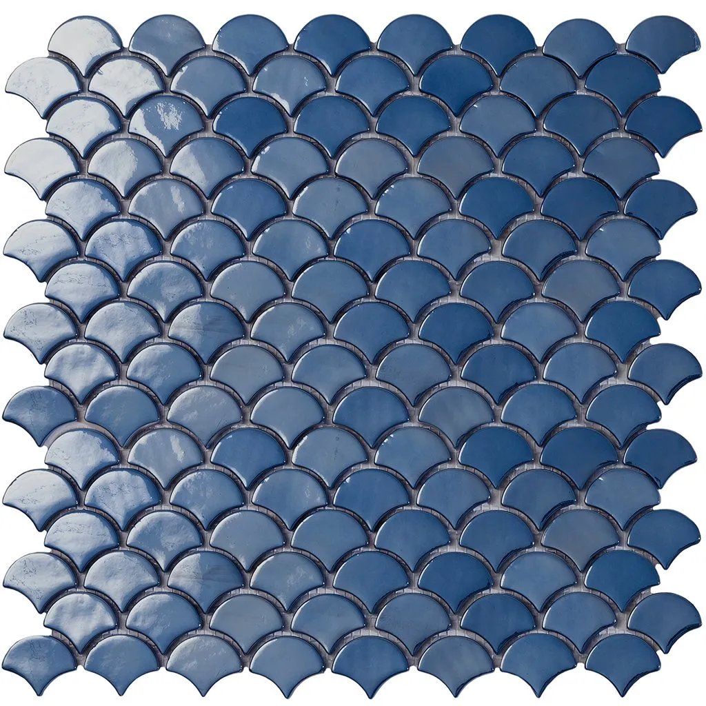 Brushed Dark Blue, Fish Scale Mosaic - Glass Tile