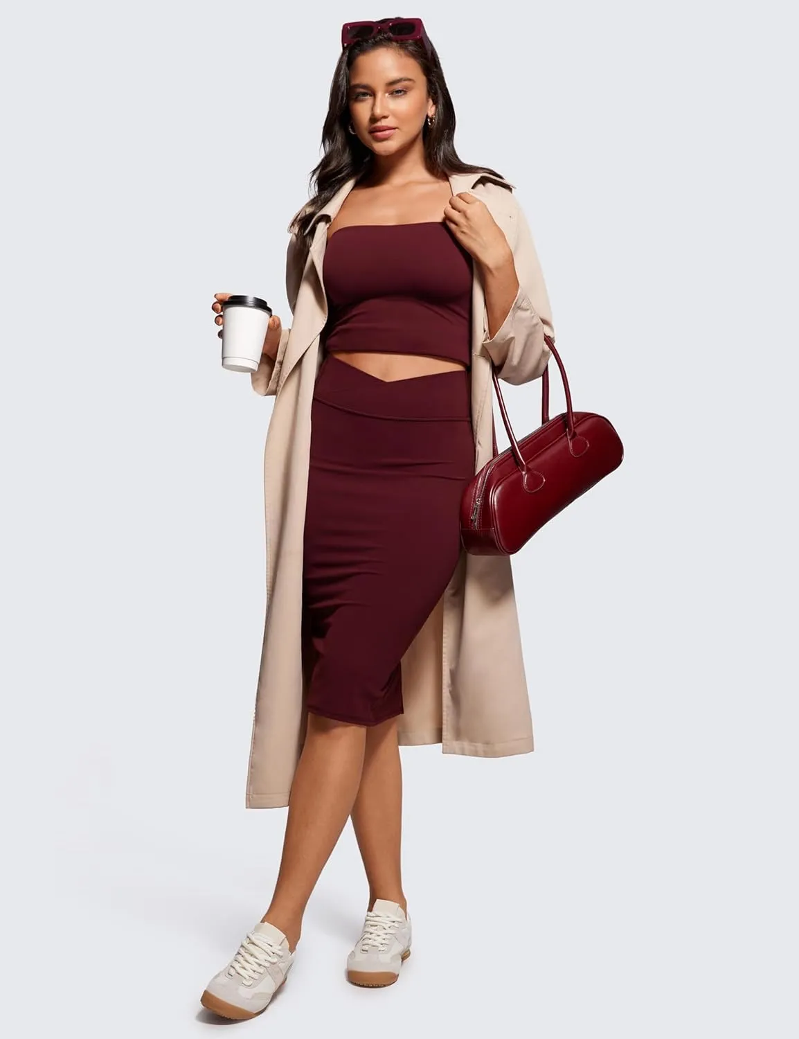 CRZ YOGA Butterluxe Midi Pencil Skirts for Women V Cross High Waist Bodycon Stretch Casual Work Skirt