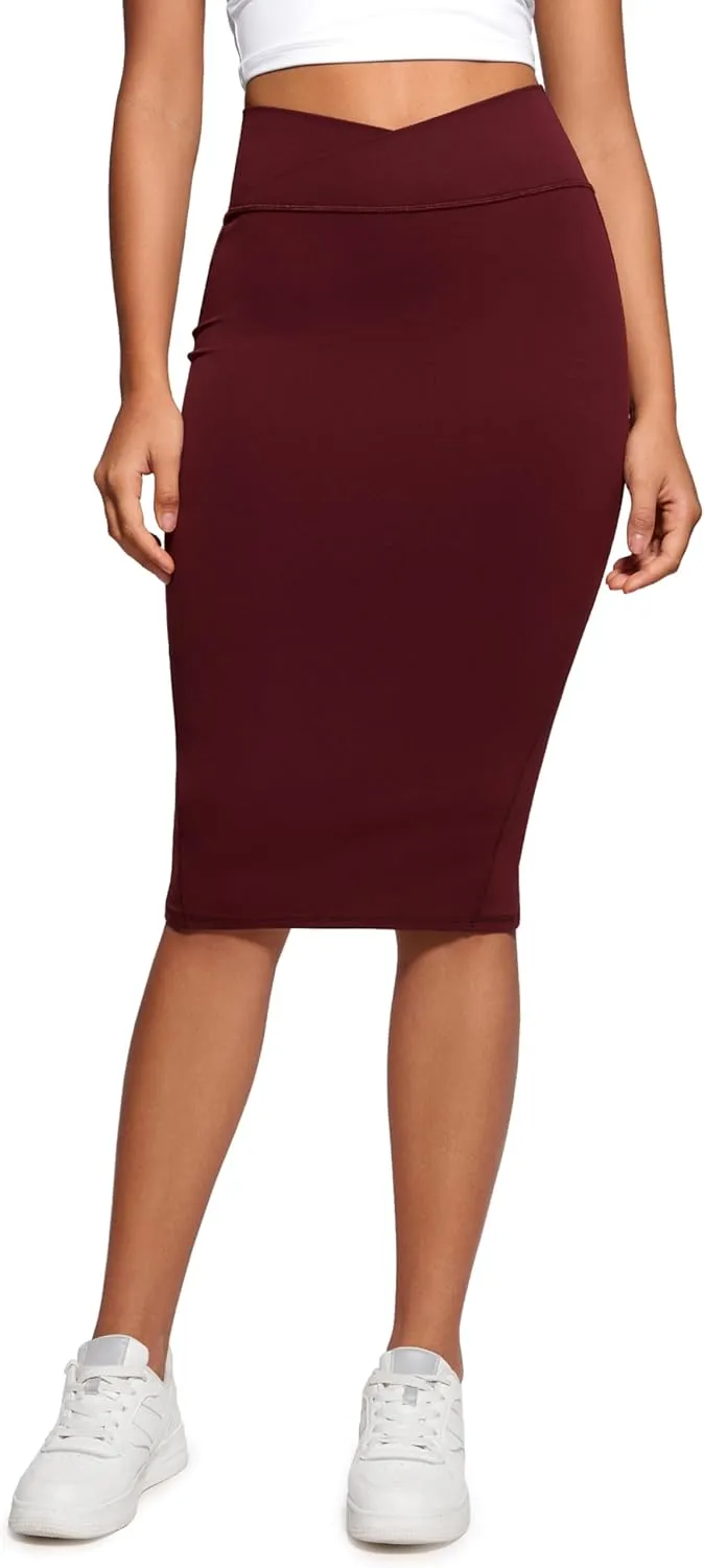 CRZ YOGA Butterluxe Midi Pencil Skirts for Women V Cross High Waist Bodycon Stretch Casual Work Skirt