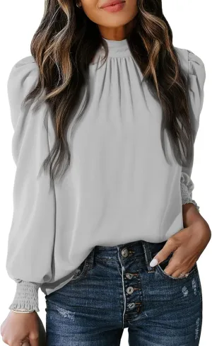 Dokotoo Womens 2024 Long Sleeve High Neck Puff Long Sleeve Casual Loose Shirts Tops and Blouses