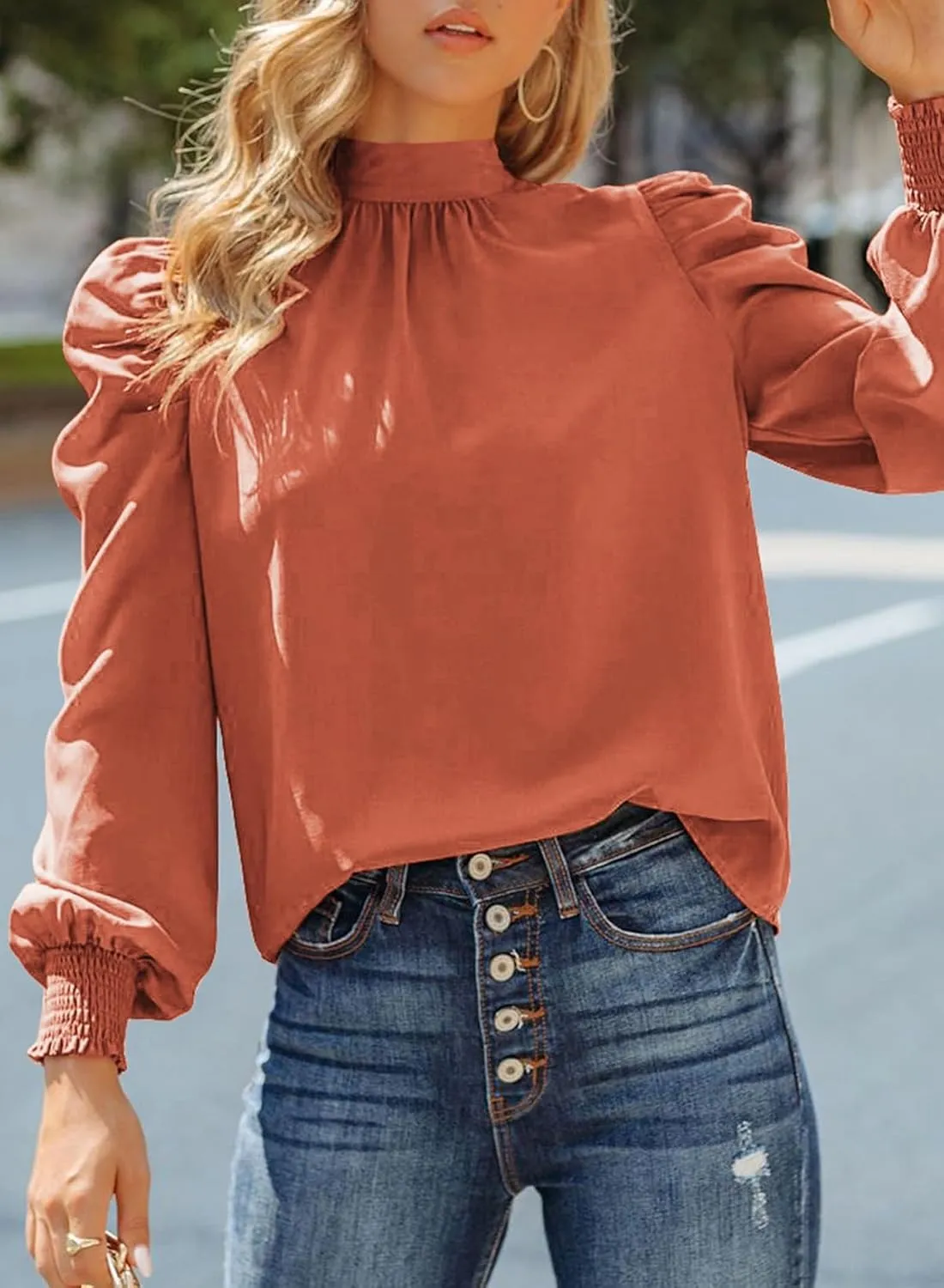 Dokotoo Womens 2024 Long Sleeve High Neck Puff Long Sleeve Casual Loose Shirts Tops and Blouses