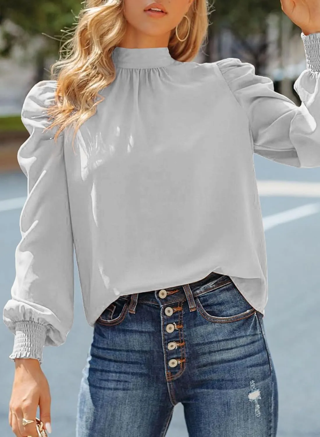 Dokotoo Womens 2024 Long Sleeve High Neck Puff Long Sleeve Casual Loose Shirts Tops and Blouses