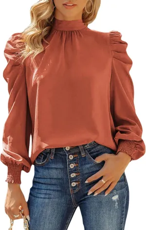 Dokotoo Womens 2024 Long Sleeve High Neck Puff Long Sleeve Casual Loose Shirts Tops and Blouses