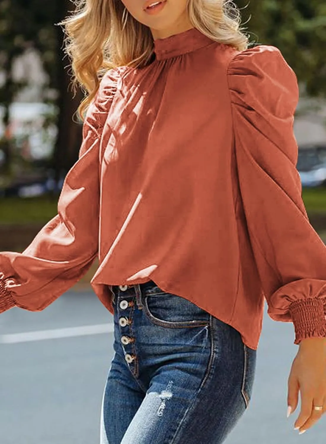 Dokotoo Womens 2024 Long Sleeve High Neck Puff Long Sleeve Casual Loose Shirts Tops and Blouses