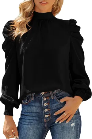 Dokotoo Womens 2024 Long Sleeve High Neck Puff Long Sleeve Casual Loose Shirts Tops and Blouses