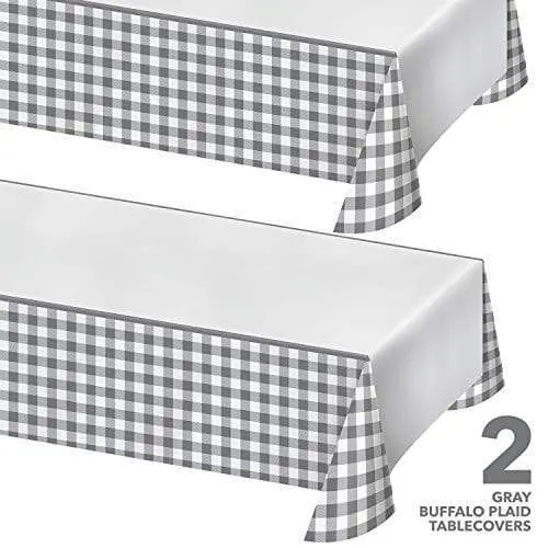 Gray Buffalo Plaid Party Supplies - Gray and White Checkered Gingham Paper Table Cover, 54" x 102" (2 Pack)
