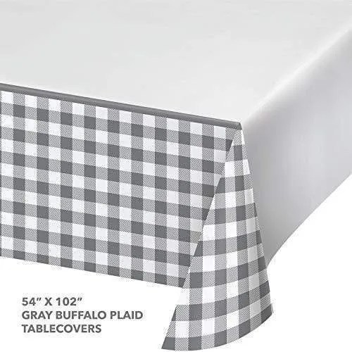 Gray Buffalo Plaid Party Supplies - Gray and White Checkered Gingham Paper Table Cover, 54" x 102" (2 Pack)