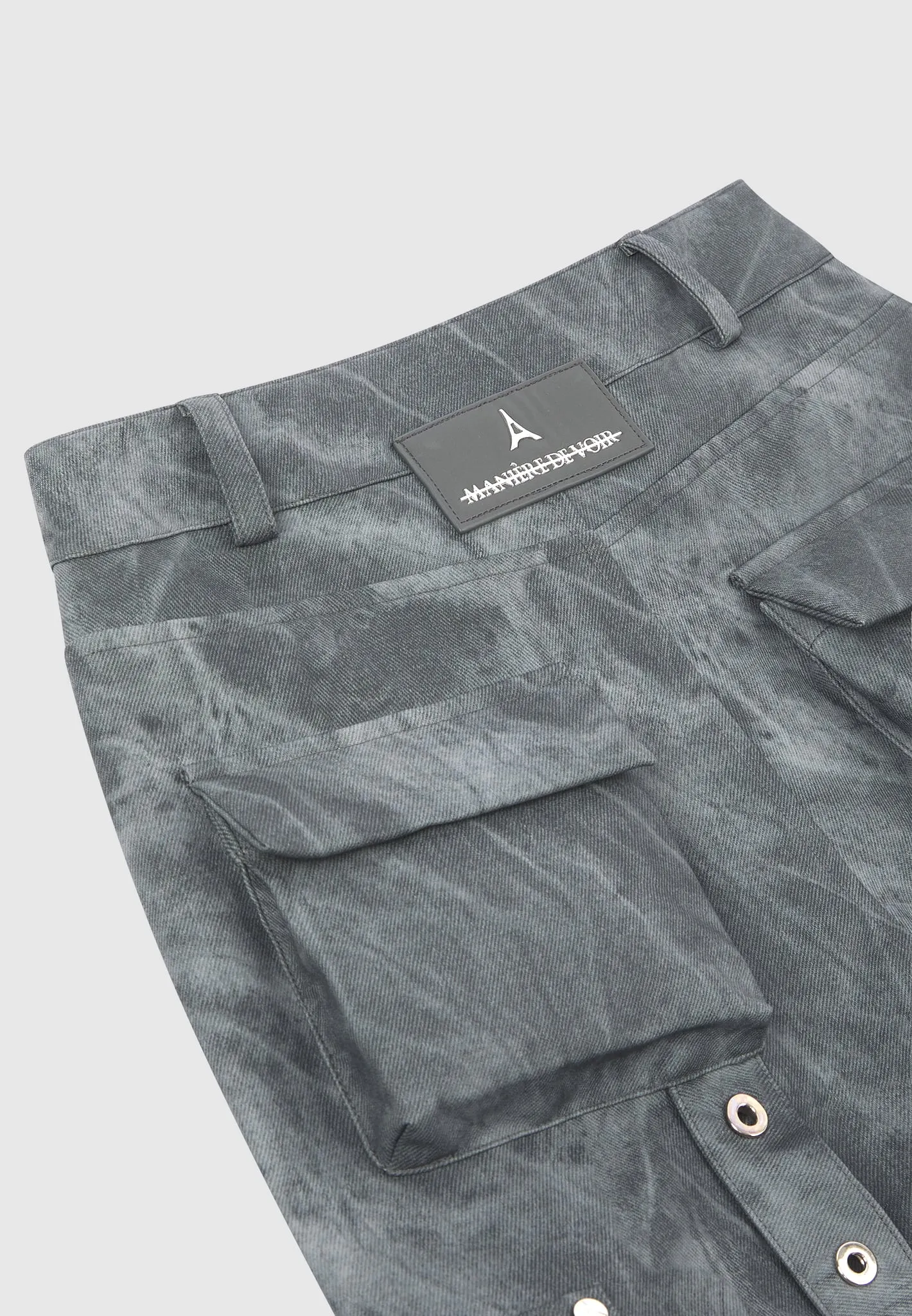 High Waisted Vintage Marble Leather Cargo Pants - Washed Grey