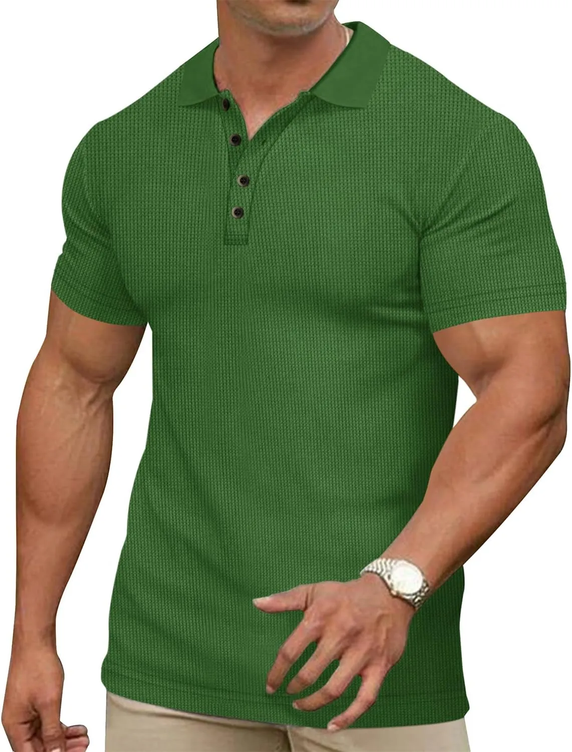 Men's Casual Polo Shirts Classic Button Basic Short Sleeve Waffle Solid Fit Golf Tees Stylish Tops