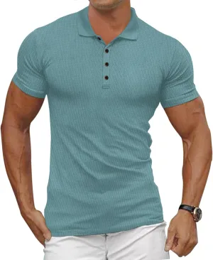 Men's Casual Polo Shirts Classic Button Basic Short Sleeve Waffle Solid Fit Golf Tees Stylish Tops