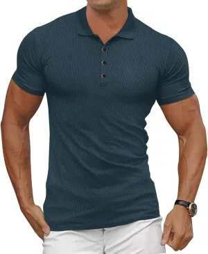 Men's Casual Polo Shirts Classic Button Basic Short Sleeve Waffle Solid Fit Golf Tees Stylish Tops