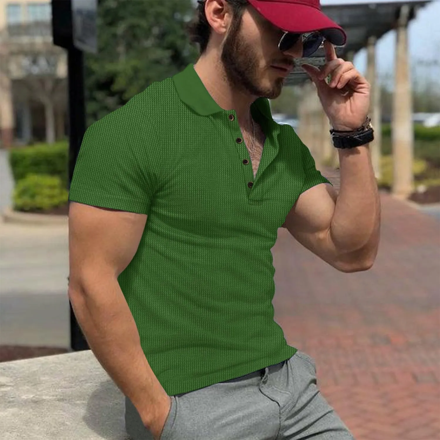 Men's Casual Polo Shirts Classic Button Basic Short Sleeve Waffle Solid Fit Golf Tees Stylish Tops