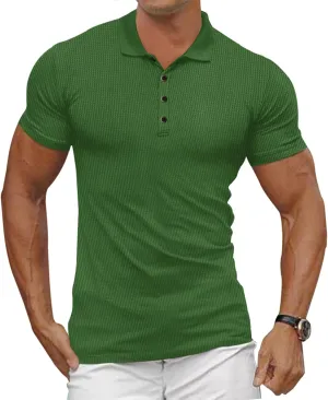 Men's Casual Polo Shirts Classic Button Basic Short Sleeve Waffle Solid Fit Golf Tees Stylish Tops