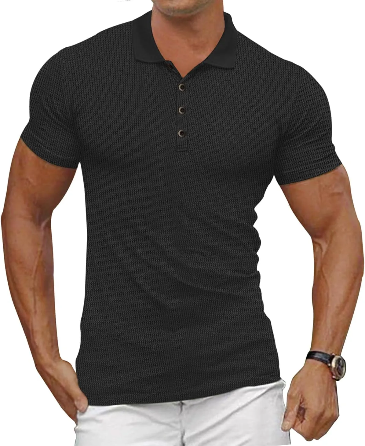 Men's Casual Polo Shirts Classic Button Basic Short Sleeve Waffle Solid Fit Golf Tees Stylish Tops