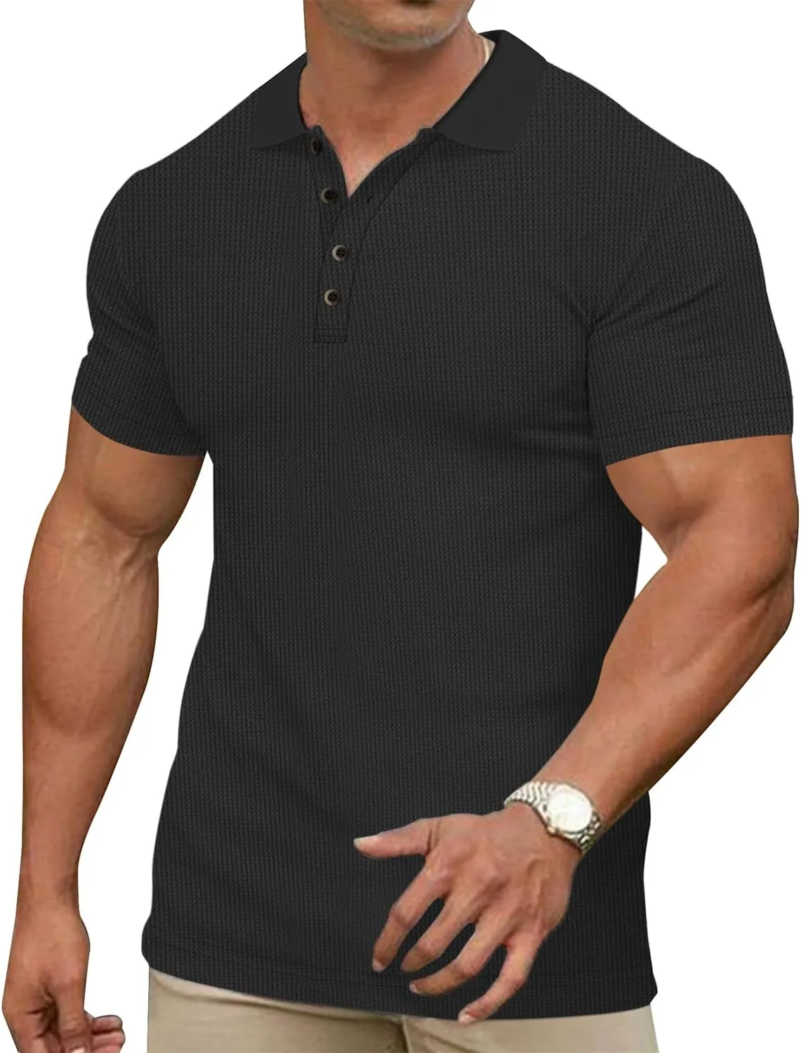 Men's Casual Polo Shirts Classic Button Basic Short Sleeve Waffle Solid Fit Golf Tees Stylish Tops