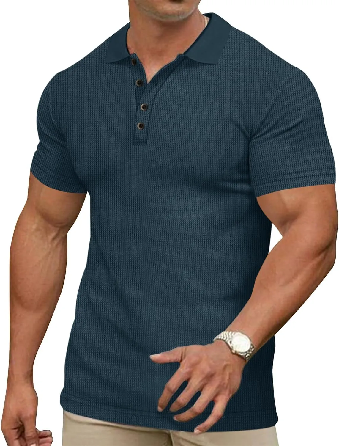 Men's Casual Polo Shirts Classic Button Basic Short Sleeve Waffle Solid Fit Golf Tees Stylish Tops