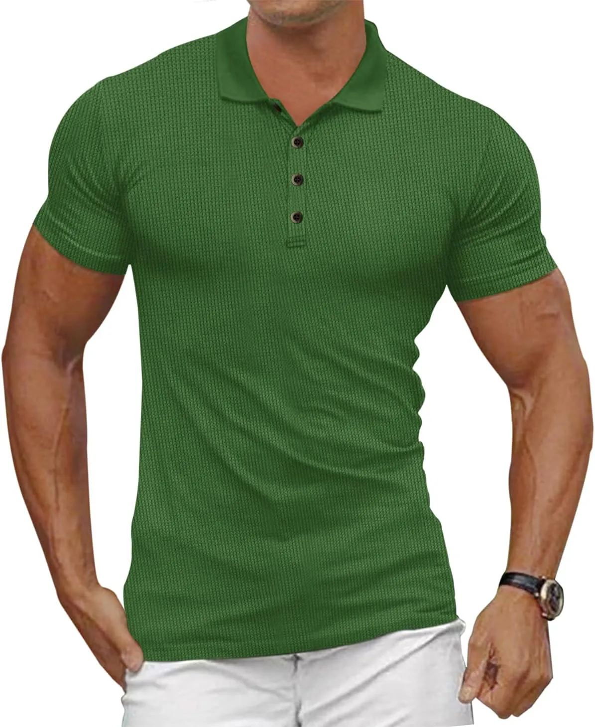 Men's Casual Polo Shirts Classic Button Basic Short Sleeve Waffle Solid Fit Golf Tees Stylish Tops