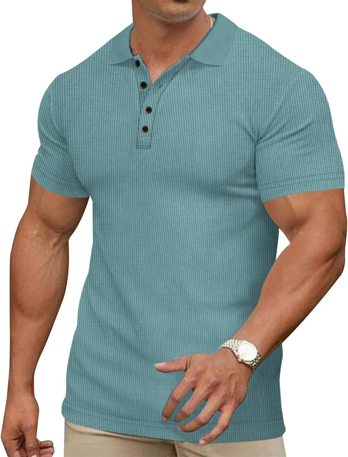 Men's Casual Polo Shirts Classic Button Basic Short Sleeve Waffle Solid Fit Golf Tees Stylish Tops