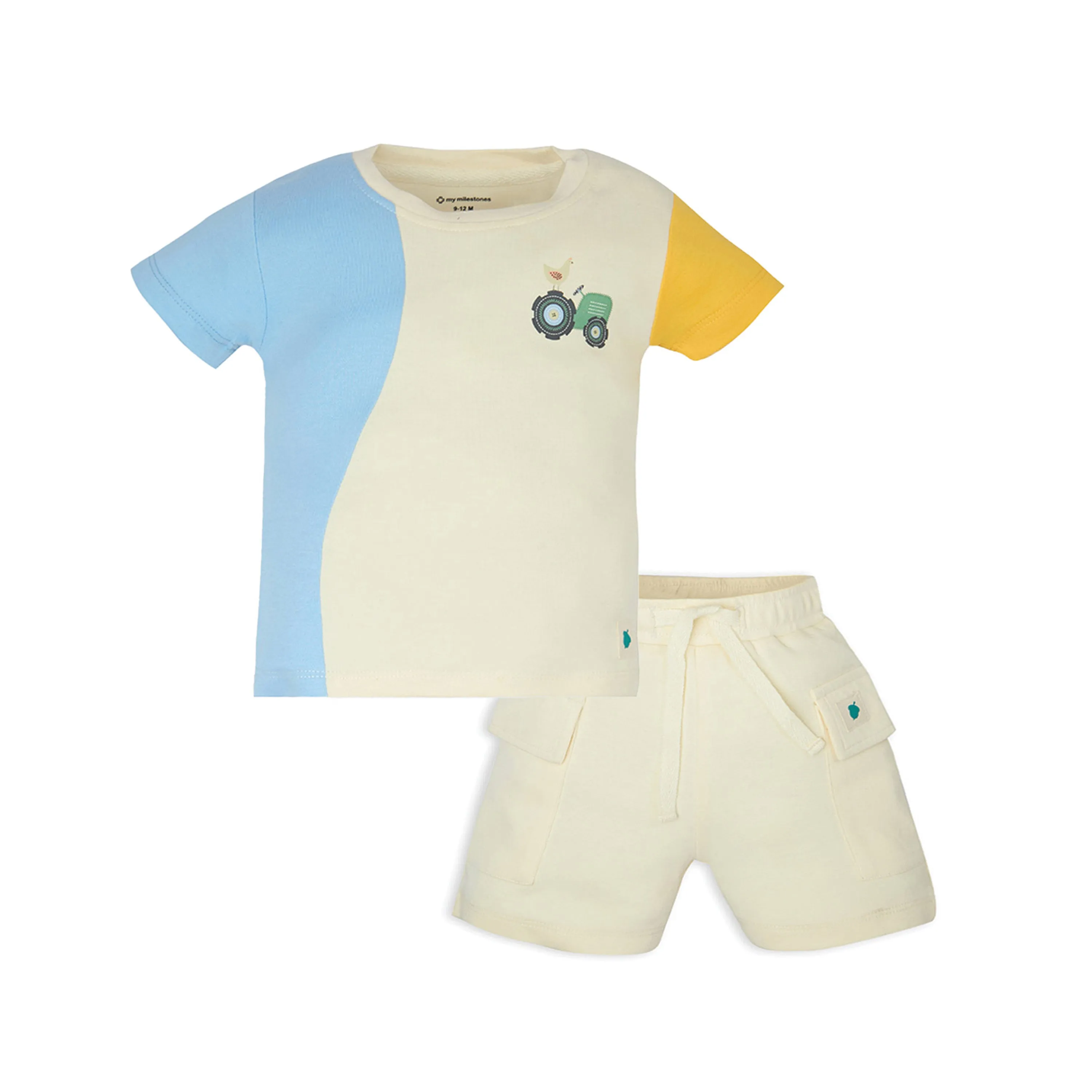 My Milestones Bio-Wash 100% Cotton Short Sleeves Color Block Tee with Matching Shorts and Farm Print - Multi
