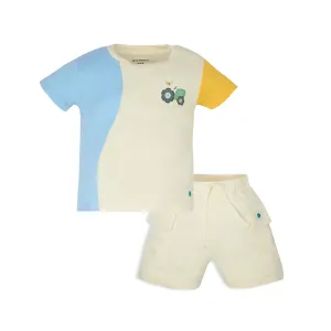 My Milestones Bio-Wash 100% Cotton Short Sleeves Color Block Tee with Matching Shorts and Farm Print - Multi