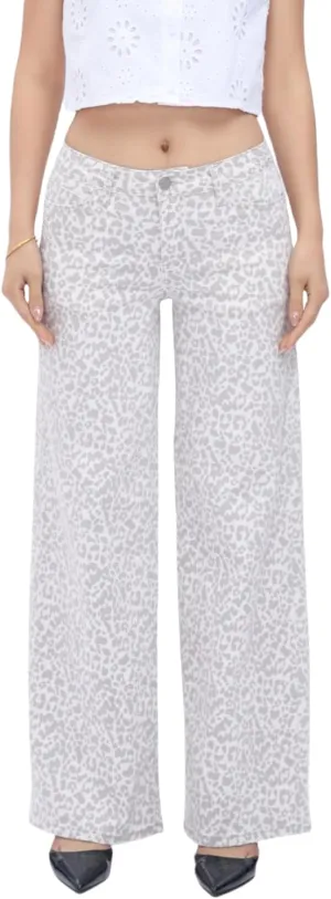 ONESO Mid-Low Rise Baggy Jeans Wide Leg for Women Distressed Pants Stretchy Bottom Lady Basic Comfortable Denim