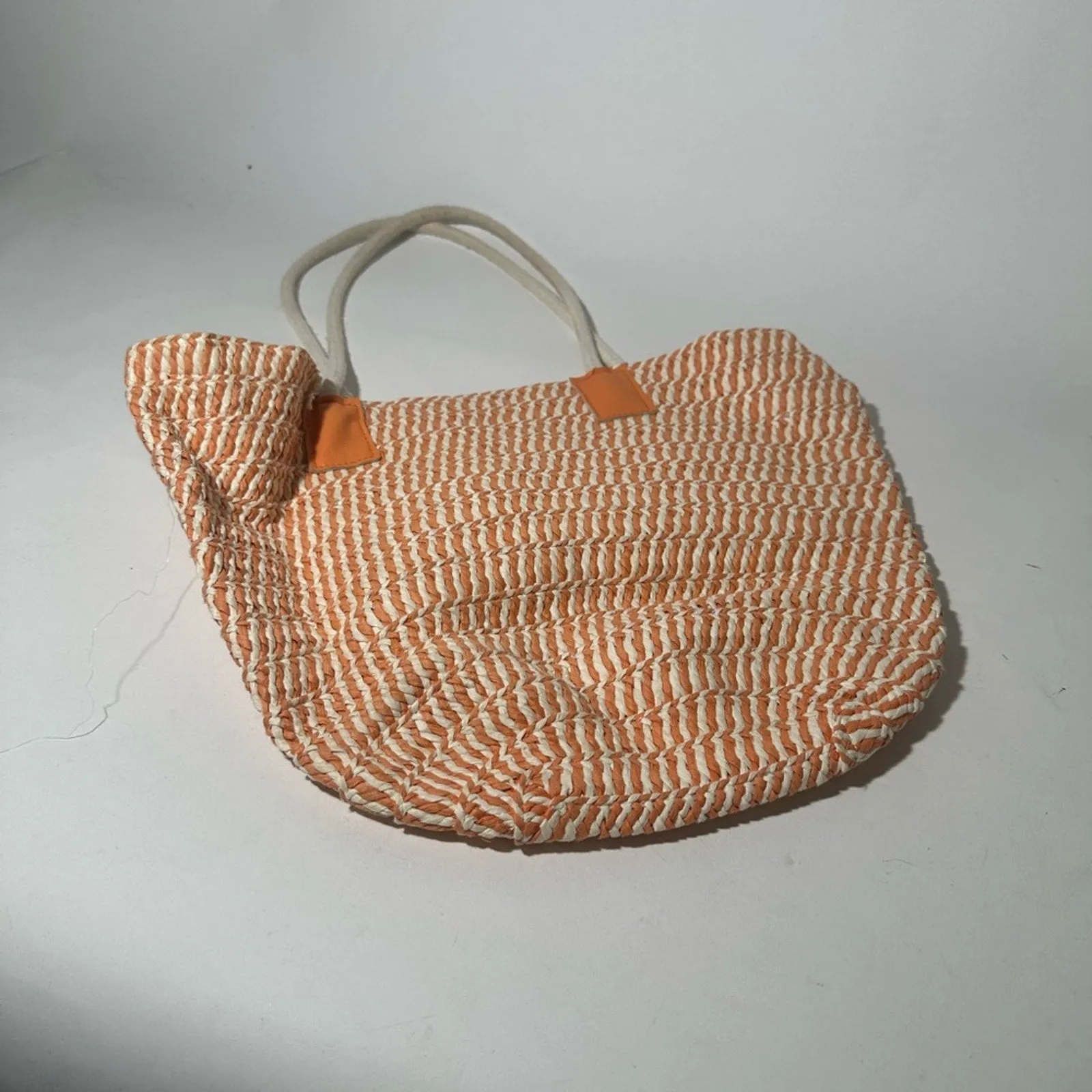 Orange and White Casual Tote Bag with Woven Texture