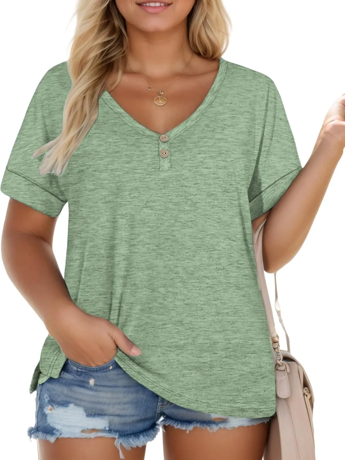 ROSRISS Plus Size Tops for Women Casual V-Neck Side Split Blouses Loose Fit Short Sleeve Tees Summer Cozy Buttons Shirts