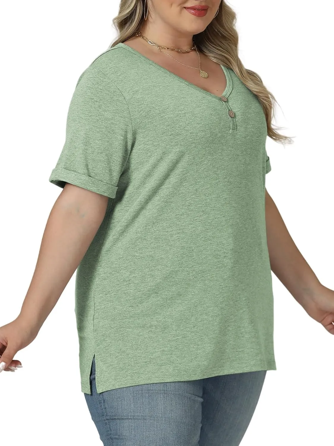ROSRISS Plus Size Tops for Women Casual V-Neck Side Split Blouses Loose Fit Short Sleeve Tees Summer Cozy Buttons Shirts