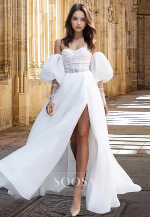 Sweetheart Puff-Sleeves Pleated Bride Gowns Off-Shoulder Beaded Pleated Tulle A-Line Wedding Dress