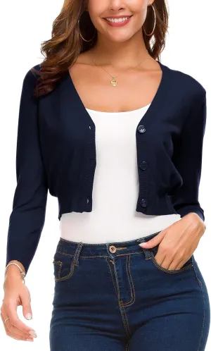 Women's Lightweight Knit Cropped Cardigan 3/4 Sleeve V-Neck Open Front Bolero Shrug for Dresses and Casual Wear
