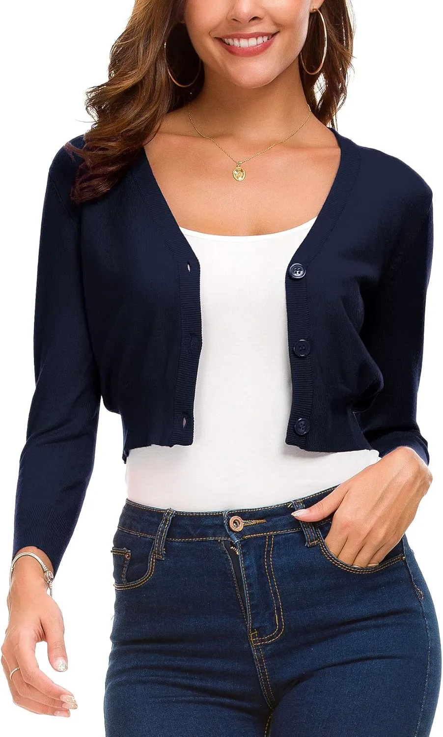 Women's Lightweight Knit Cropped Cardigan 3/4 Sleeve V-Neck Open Front Bolero Shrug for Dresses and Casual Wear